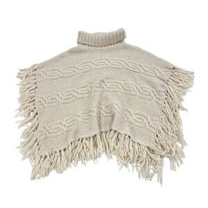 Peserico Cable Knit Turtleneck Poncho Cape Size S Beige Alpaca Wool Blend Fringe
